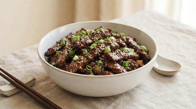 Fresh delicious poke bowl with raw tuna chunks avocado and sesame seeds served in a white ceramic bowl. mongolian beef