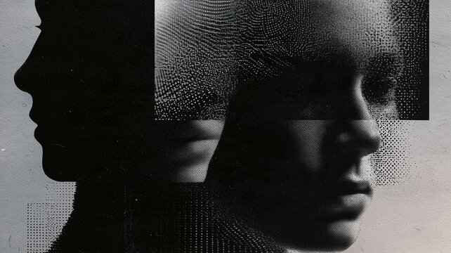 Abstract portrait of a person with fragmented facial features and glitch art style, double exposure, dark tone