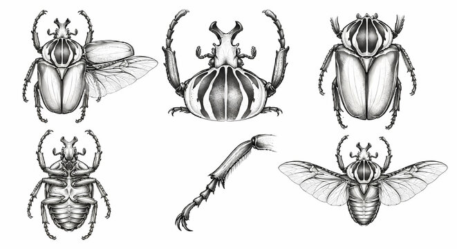 Goliath beetle anatomical study set with dorsal, ventral, head, and flight views. Monochrome pencil and ink sketch on white background.