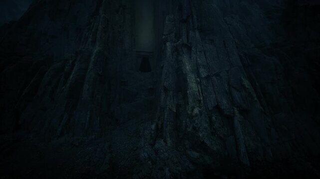 Soaring basalt columns like gothic cathedral, fluted vertical faces carved by time, deep shadows and mossy textures create sacred, monumental mood, excellent