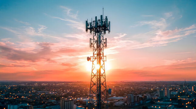 Cell tower silhouetted against a vibrant sunset with a blurred cityscape below