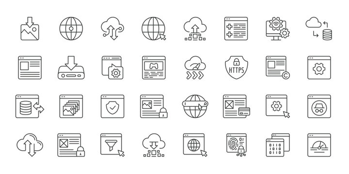 Web Browser icons in line design. web browser, internet, website, window, search, tab, navigation on white background vector. Web Browser editable stroke icons.