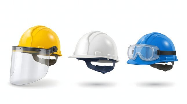 Three hard hats with protective gear in yellow, white, and blue colors.