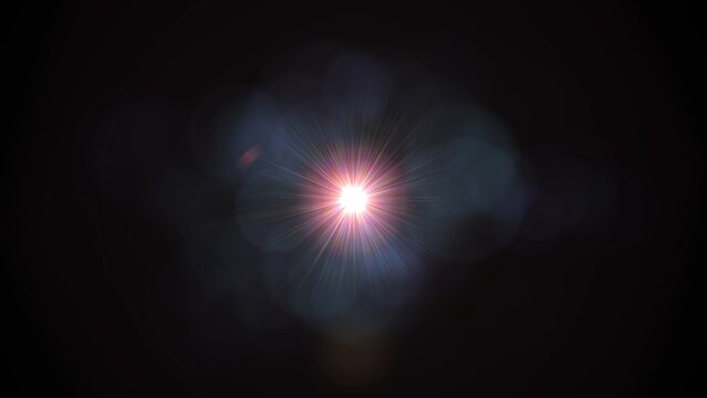 Bright starburst glows against deep black background. Radiant light pulses with soft
