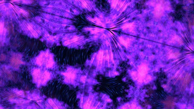 Vibrant purple and black abstract pattern radiates energy. Dense, swirling forms create a cosmic