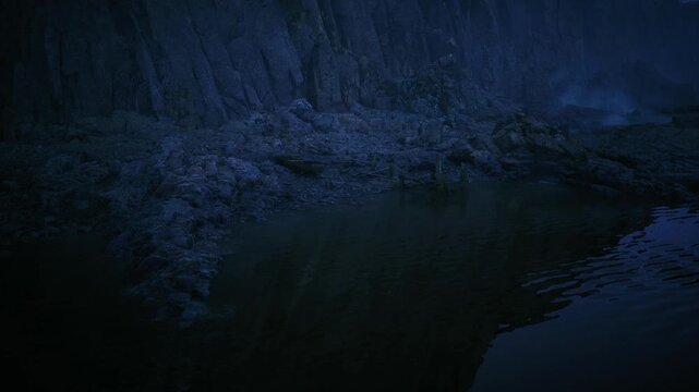 dark rocky shore with still water and subtle reflection, close tidal pool scene, wet pebbles, algae patches, deep navy palette and quiet mood.