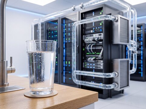 Glass of fresh water near liquid cooled server racks in data center 4k