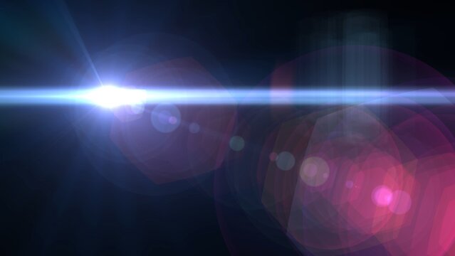 Bright blue light beam cuts through darkness. Flashing lens flares glow with warm, purple hues