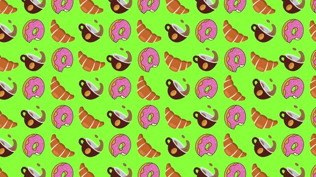 Vibrant animated seamless pattern featuring delicious pink glazed donuts, golden croissants, and coffee cups with splashes moving across a bright green background for food and cafe themes.