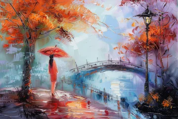 Japanese decorative oil painting depicting a woman with an umbrella near a stream with trees in autumn colors and a bridge © Boyan Dimitrov