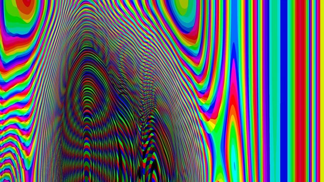 Vibrant colors swirl in hypnotic, glitch-like patterns. Curved lines ripple like water