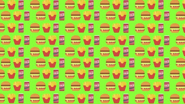 Seamless animated pattern of fast food icons including delicious cheeseburgers, crispy french fries, and cola soda cans on a vibrant green screen background for motion graphics and video editing.