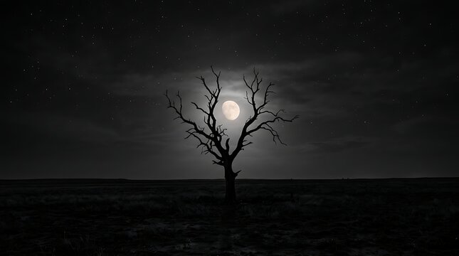 Moonlight over bare tree in night sky