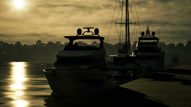 Moored yachts silhouette at golden dusk, harbor water reflecting warm light, mist rising along wooden pier, captains securing lines, luxury vessels resting