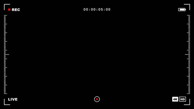 4k camera viewfinder recording screen overlay on black background, digital camcorder interface luma matte, cctv security monitor UI, video production compositing vfx elements
