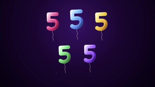 Set of colorful 3D number five balloons in pink, blue, yellow, green, and purple floating against a dark background, ideal for fifth birthday celebrations, anniversaries, or top five countdowns.