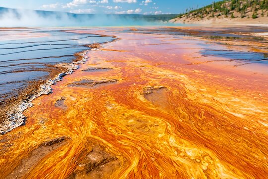 Majestic volcanic hot spring with vibrant orange bacterial mat texture, grand hydrothermal geyser basin under blue sky, dynamic primitive earth energy landscape
