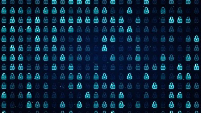 Blue glowing security padlocks matrix pattern across cyber privacy firewall, encrypted access protected information, cloud data defense, network authentication, technology video presentations