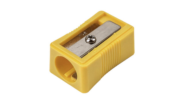 Classic yellow plastic handheld office pencil sharpener tool isolated on transparent background