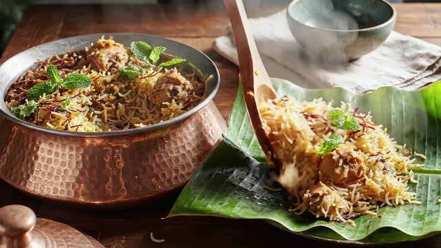 Authentic Chicken Biryani Served from Copper Handi on Banana Leaf
