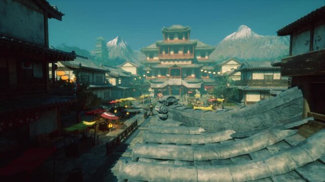 Broad market street under temple skyline with rooftop observer silhouette, colorful vendor stalls, bustling trade, textured rooftops, warm late afternoon glow,