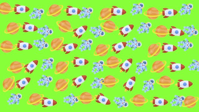 Seamless pattern of cute cartoon astronauts, rockets, and ringed planets floating on a bright green background, ideal for chroma key compositing in space-themed children's video projects.