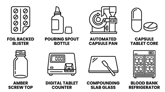 Set of pharmaceutical manufacturing and compounding pharmacy production equipment icons with pharmaceutical manufacturing compounding pharmacy medicine production equipment refrigerator