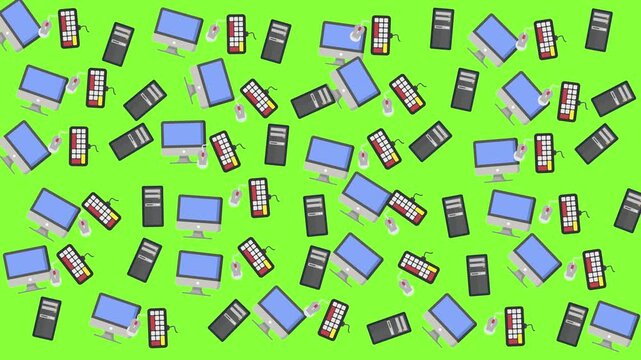 Seamless motion graphic animation featuring a pattern of flat style desktop computer icons with monitor, keyboard, and mouse floating over a bright green screen background for chroma key.