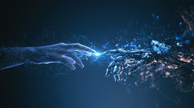 Futuristic creation of Adam concept with human hand touching cyborg robot hand, electric blue light flare and digital cybernetic particles for artificial intelligence and cyberpunk design
