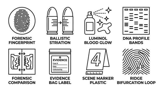 Forensic science investigation icon collection including fingerprint and ballistic analysis with forensic investigation fingerprint ballistics evidence analysis criminology detection biometric