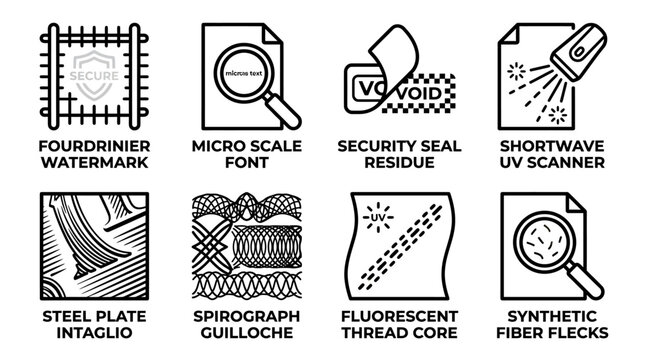 Security printing and document anti-counterfeiting verification features with security printing document counterfeit verification watermark fluorescent intaglio guilloche protection patterns