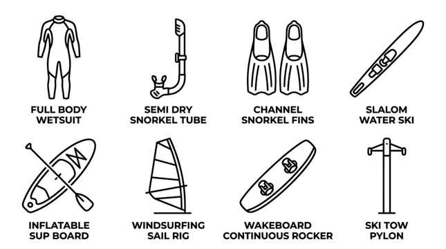 Set of water sports and recreational equipment icons including wetsuit snorkel fins waterski and board with watersports waterski windsurfing wakeboard recreation equipment swimming collection