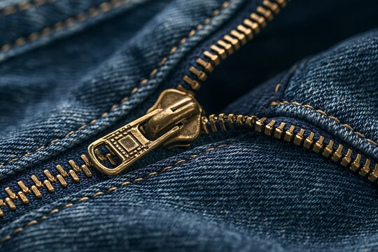 Closeup of half open antique brass metal zipper on blue denim jeans fabric, detailed textile texture for casual fashion design and apparel marketing background

