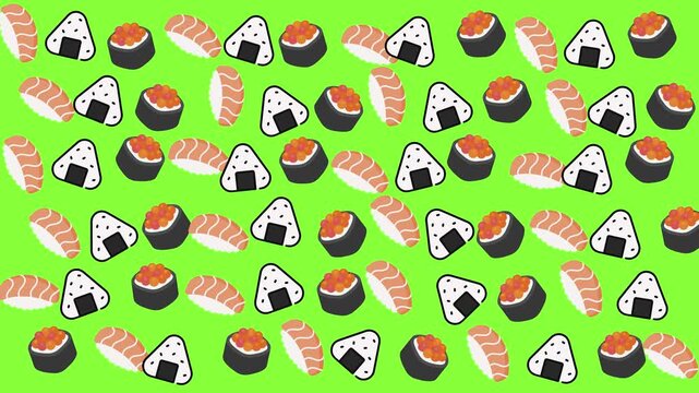 Vibrant 2D illustrated pattern of Japanese cuisine icons including salmon nigiri, onigiri rice balls, and ikura gunkan maki over a bright green background for chroma key video production.