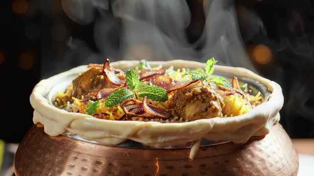 Delicious Steaming Hot Dum Chicken Biryani in a Copper Handi