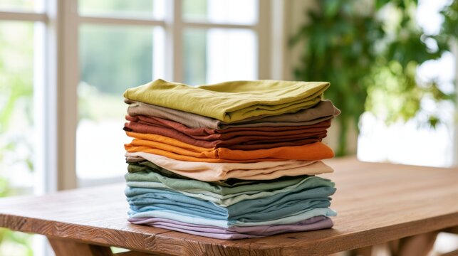 Organized stack of colorful folded clothes on a wooden table near windows with green plants