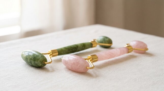 Two luxury skincare jade and rose quartz face rollers placed on a soft neutral linen fabric background with natural soft lighting for a minimalist spa and beauty wellness aesthetic presentat