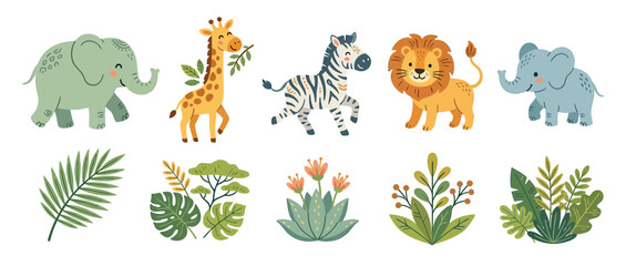 Obraz premium Cute cartoon safari animals and jungle plants isolated