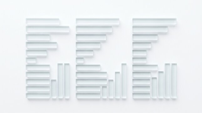 Minimalist concept of data visualization represented by three sets of translucent glass rectangular blocks arranged in bar charts on a clean white background with soft shadows and high angle