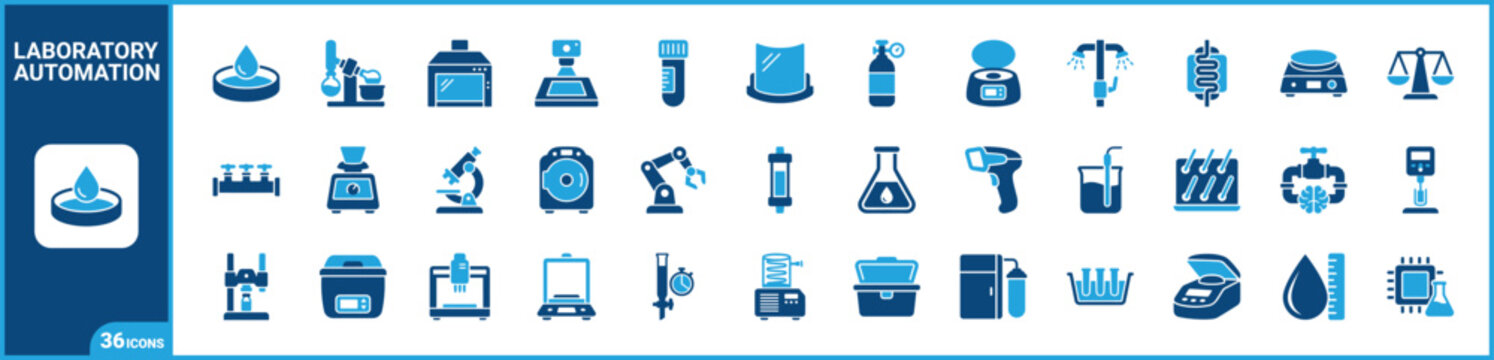 Chemical Laboratory Automation two-tone icon set. Filled glyph pictograms of equipment, instrumentation, analysis, and processing elements, blue duotone illustration.