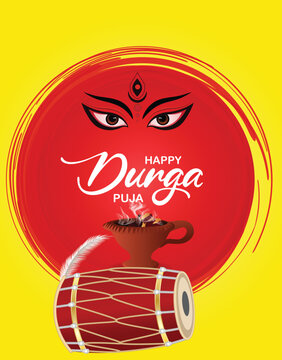 Happy Durga Puja Poster With Goddess Face, Dhak Drum And Traditional Bengali Decorations vector poster