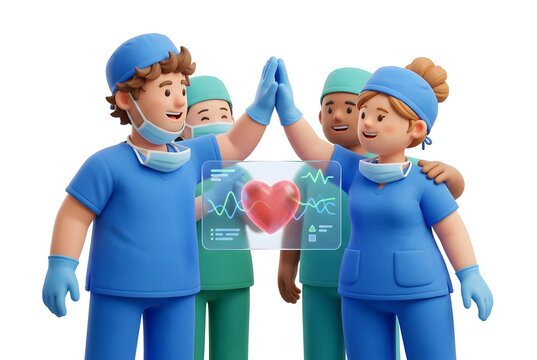 Team of 3d doctors celebrating healthcare success with high fives