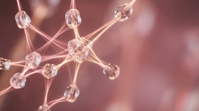 Abstract 3D rendering of interconnected neural network nodes with glowing light pathways representing artificial intelligence connectivity biological structures or advanced data communicatio