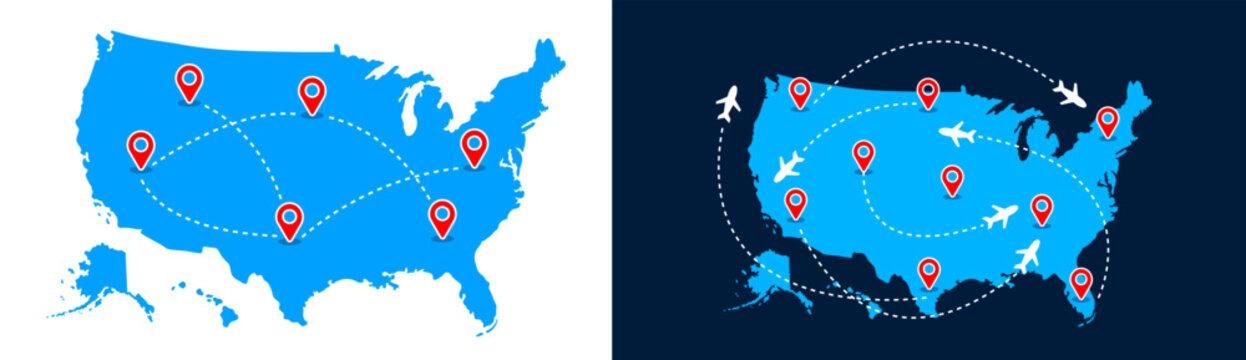 United states map with flight paths and location pins travel journey aviation transportation concept banner background or illustration