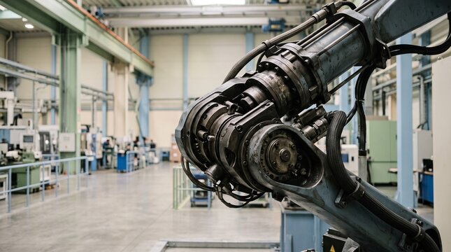 Industrial robotic arm mechanism close-up in a modern manufacturing factory setting with metallic textures and engineering precision equipment for automotive production and automation techno