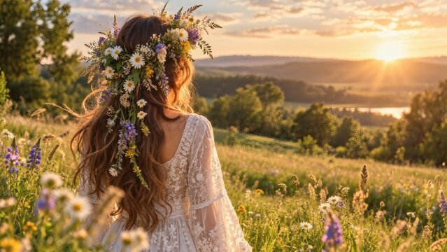 Bohemian Dream: A woman with long, flowing hair adorned with a floral crown stands in a sun-drenched meadow, gazing at the rolling hills bathed in the golden light of sunset.
