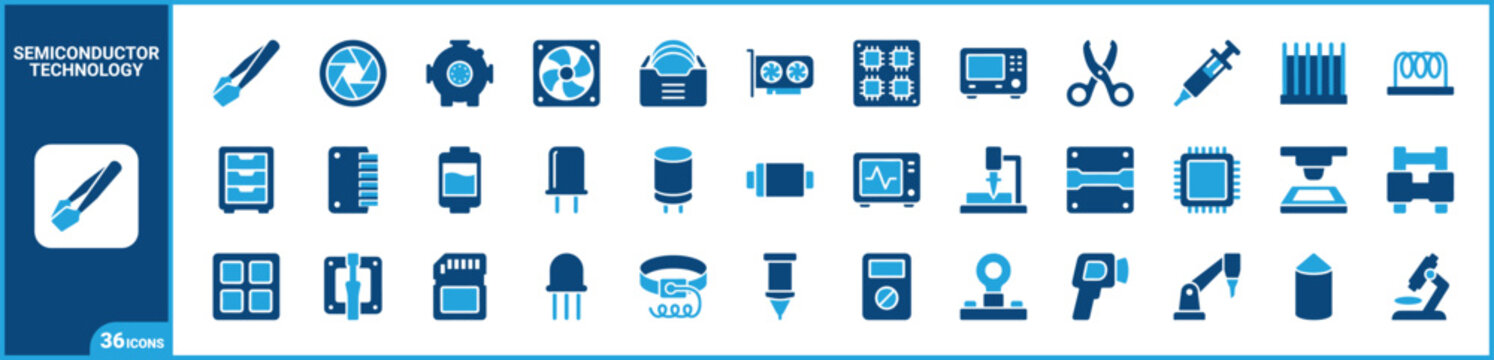 Semiconductor Processor Hardware two-tone icon set. Filled glyph pictograms of microchip, circuit, fabrication, and component elements, blue duotone illustration.