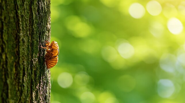 Close up of a cicada shell on a tree trunk against a vibrant green bokeh background, symbolizing the arrival of summer and life cycle.