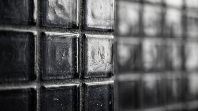 Abstract close up of a glass block wall showing grid pattern and texture in monochrome style with selective focus and shallow depth of field for modern architectural background design
