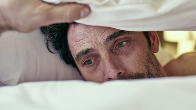 Man lying in bed looking concerned while peeking from under the blankets in a room during the morning light